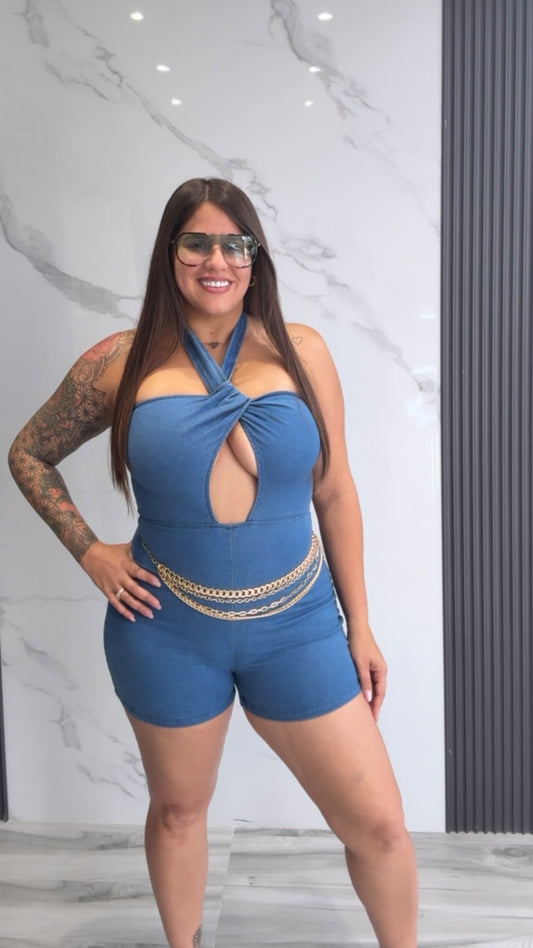 Denim Cross Halter Romper